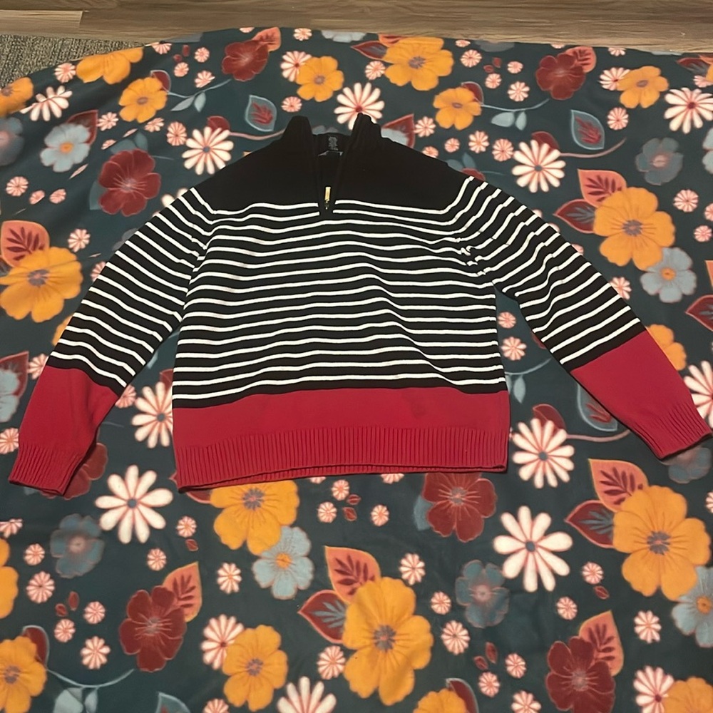 Karen Scott black with white stripes and red on the sleeves and at the bottom